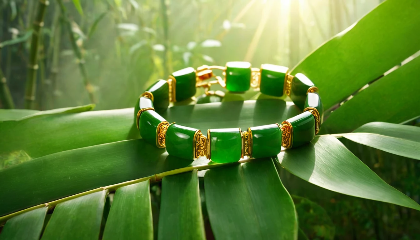 Jade karkötő hatása – béke, szerencse és jólét köve Zöld jade karkötő arany díszítéssel, zöld leveleken elhelyezve.