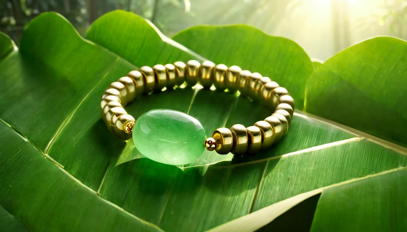 Jade karkötő hatása – béke, szerencse és jólét köve Zöld jade karkötő arany színű gyöngyökkel, zöld leveleken.