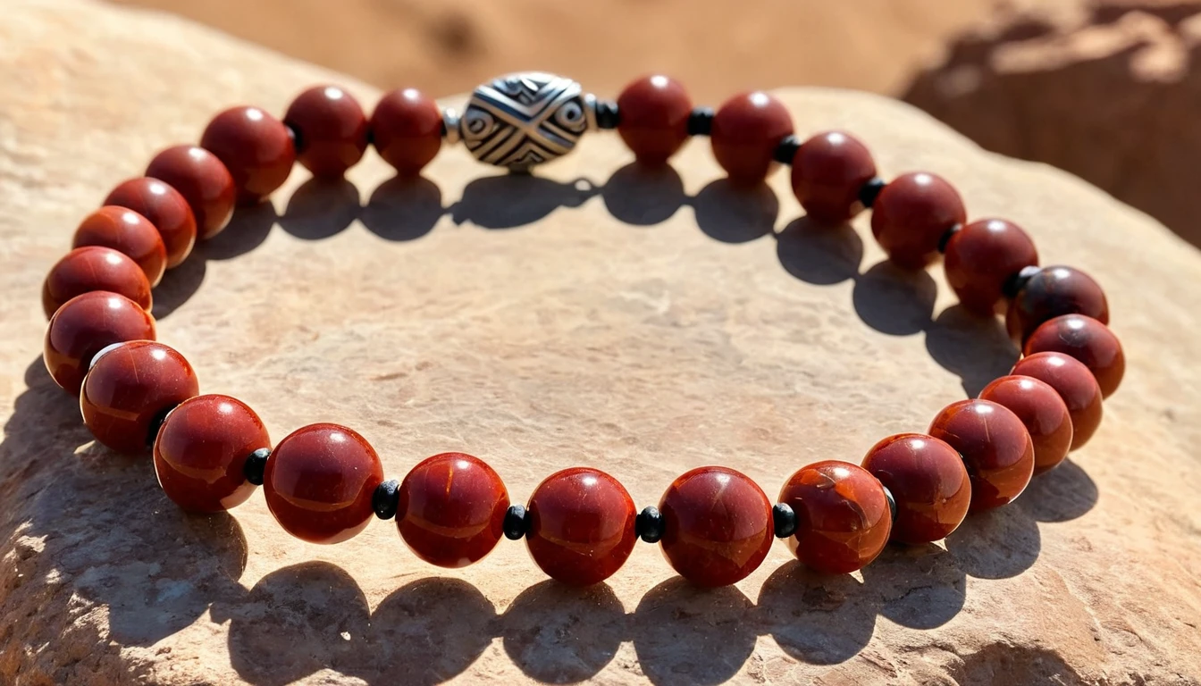 Jáspis karkötő hatása – erő, biztonság és kitartás Egy jáspis karkötő, sima, vörös kövekkel és fekete gyöngyökkel díszítve, napfényben.