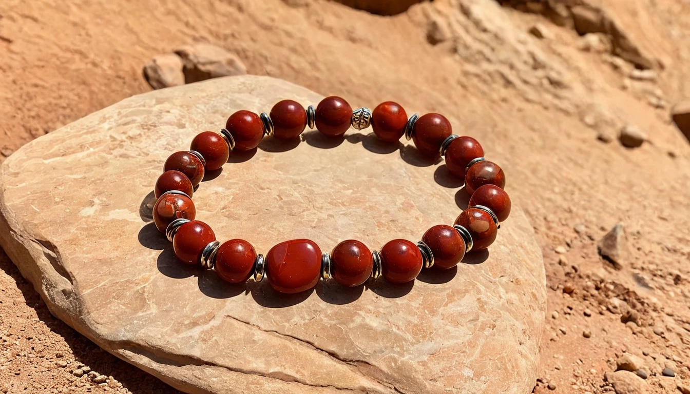Jáspis karkötő hatása – erő, biztonság és kitartás Egy jáspis karkötő, barna és vörös árnyalatokkal, sima kövekből készült.