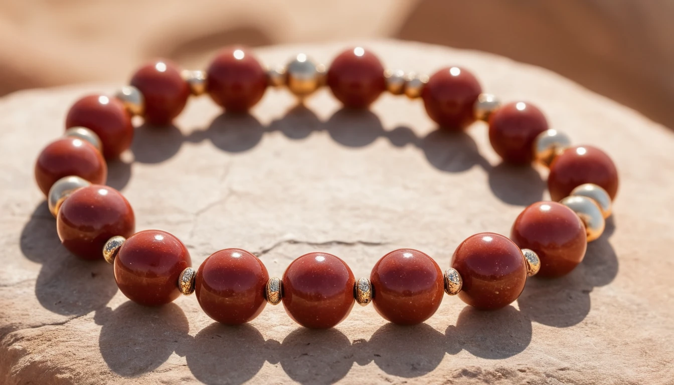 Jáspis karkötő hatása – erő, biztonság és kitartás Egy jáspis karkötő, sima, vörösesbarna gyöngyökkel, aranyszínű díszítéssel.