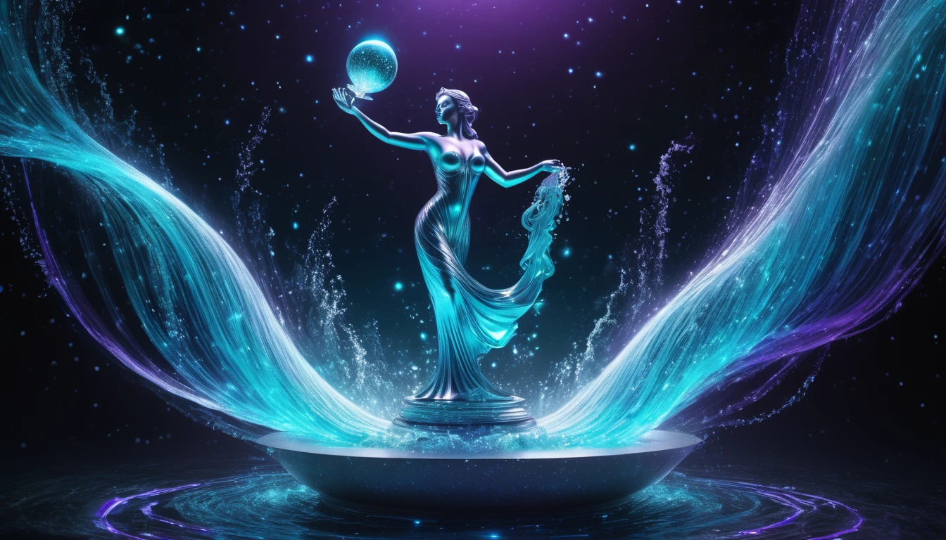 A jövő feltalálója: A 10 legjobb karrierút az innovatív Vízöntő számára Egy női szobor, aki a jövőt szimbolizáló gömböt tart a kezében, víz és fények között.