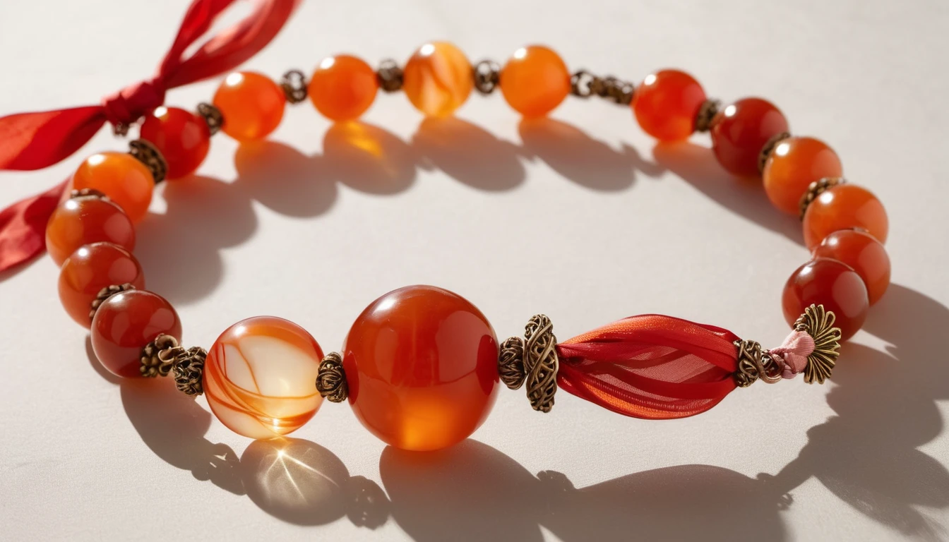 Karneol karkötő hatása – kreativitás és életöröm Egy gyönyörű karneol karkötő, élénk narancssárga gyöngyökkel és díszítésekkel.