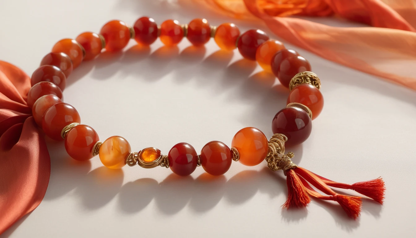 Karneol karkötő hatása – kreativitás és életöröm Különböző árnyalatú karneol golyók alkotta karkötő, arany díszítéssel.