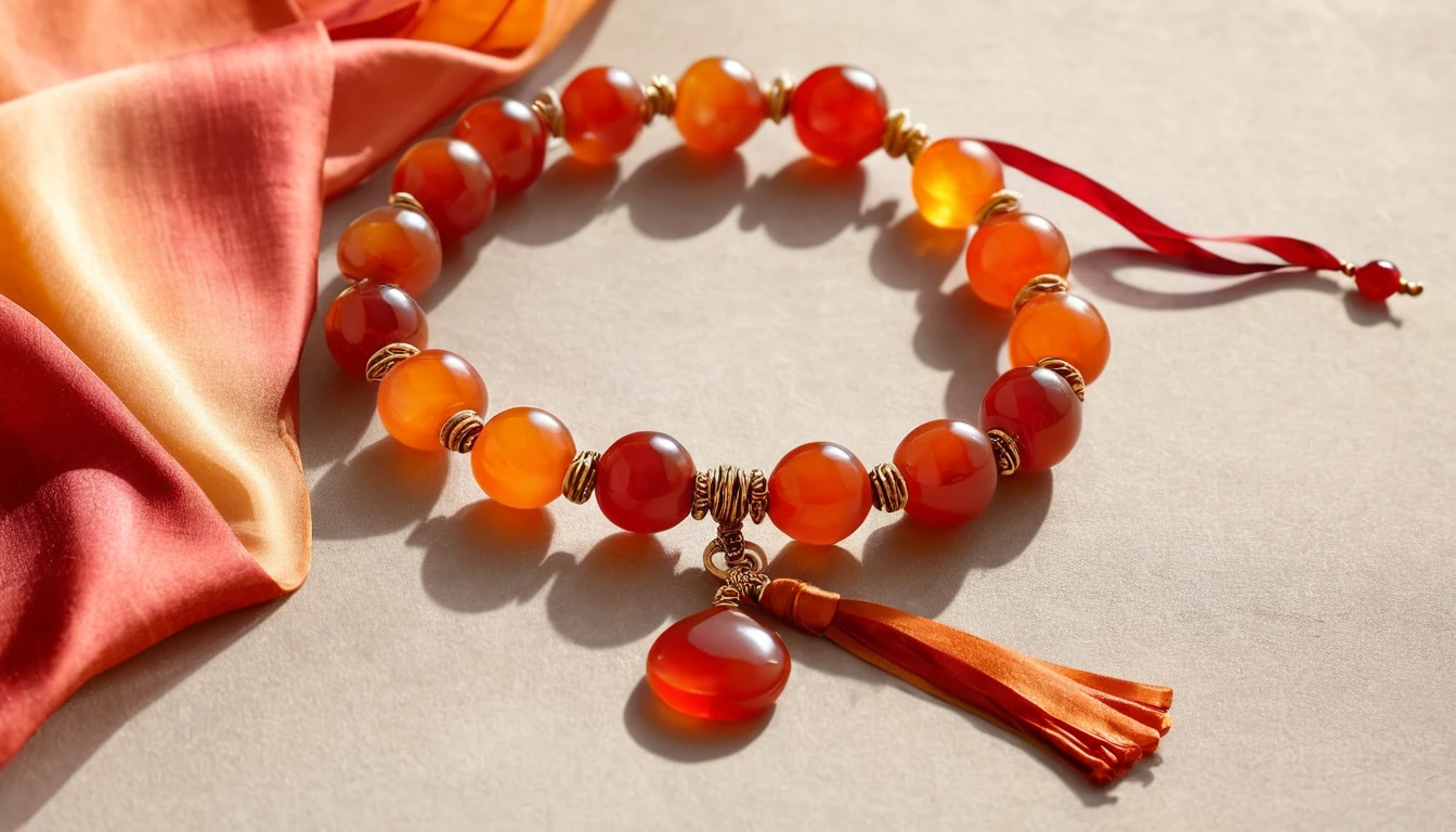 Karneol karkötő hatása – kreativitás és életöröm Egy gyönyörű karneol karkötő, élénk narancssárga és piros gyöngyökkel, arany díszítéssel.