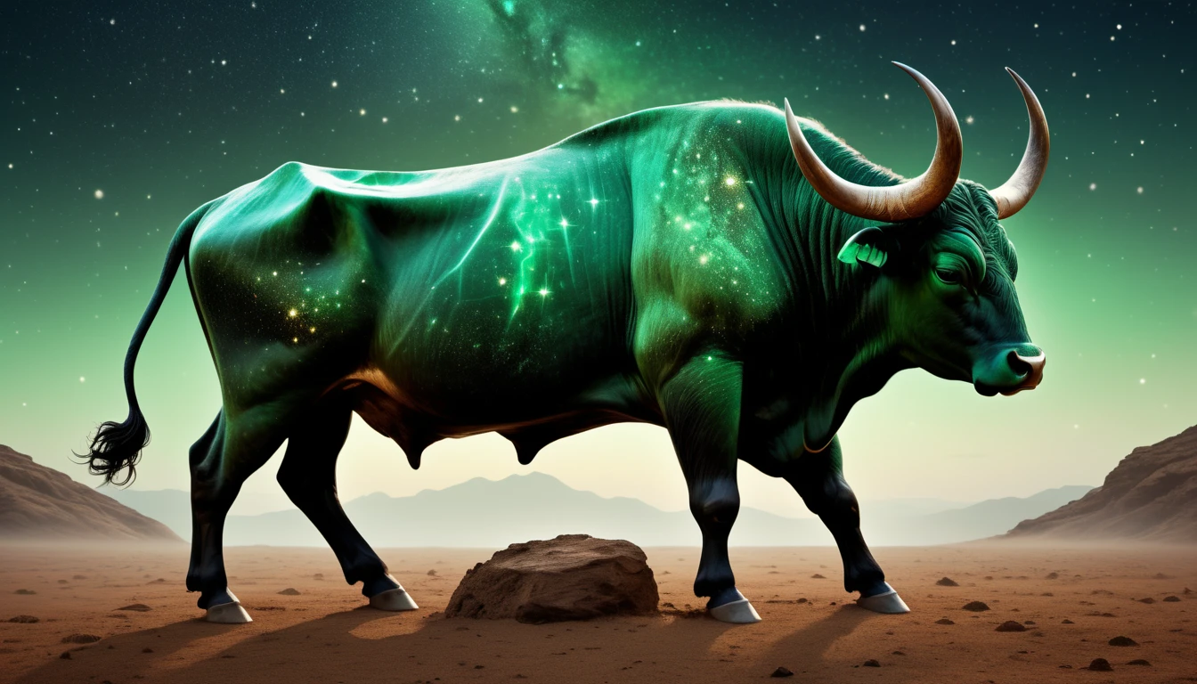 Kényeztető ízek: Milyen ételek földelik le és táplálják a Bika energiáit? Egy zöld színű bika, csillagokkal és galaxisokkal díszítve, egy sivatagos tájon áll.