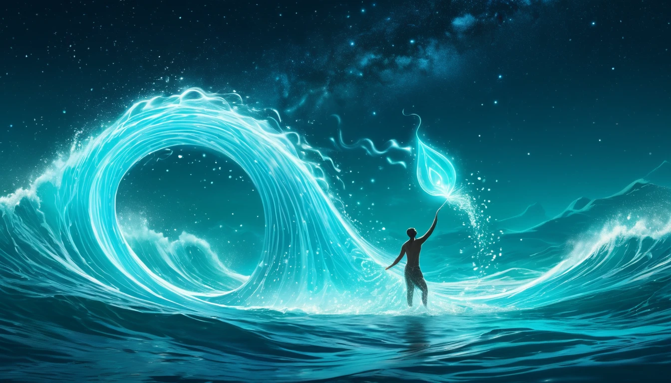 Egy ember áll a vízben, kezében egy levél formájú fényforrással, körülötte hullámok.