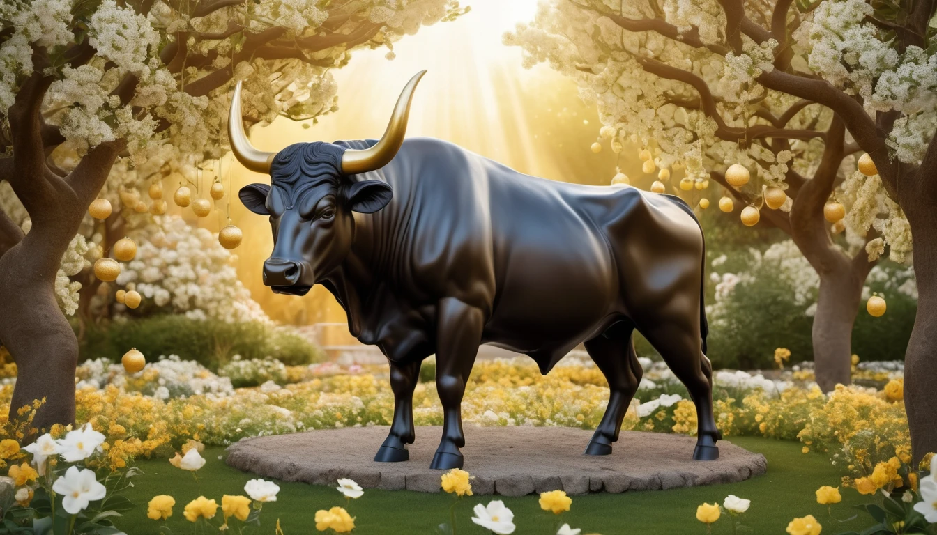 Egy fekete bika szobor áll egy virágos kertben, napfényben fürödve.