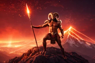 Hogyan érheti el a sikert a Kos? Stratégiák a célok megvalósításához. Egy erős harcos áll egy vulkán tetején, lángoló lándzsával a kezében, a Kos jegy szimbólumát idézve.