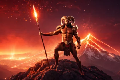 Egy erős harcos áll egy vulkán tetején, lángoló lándzsával a kezében, a Kos jegy szimbólumát idézve.