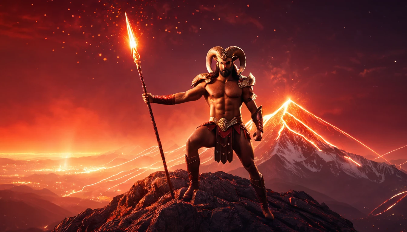 Hogyan érheti el a sikert a Kos? Stratégiák a célok megvalósításához. Egy erős harcos áll egy vulkán tetején, lángoló lándzsával a kezében, a Kos jegy szimbólumát idézve.