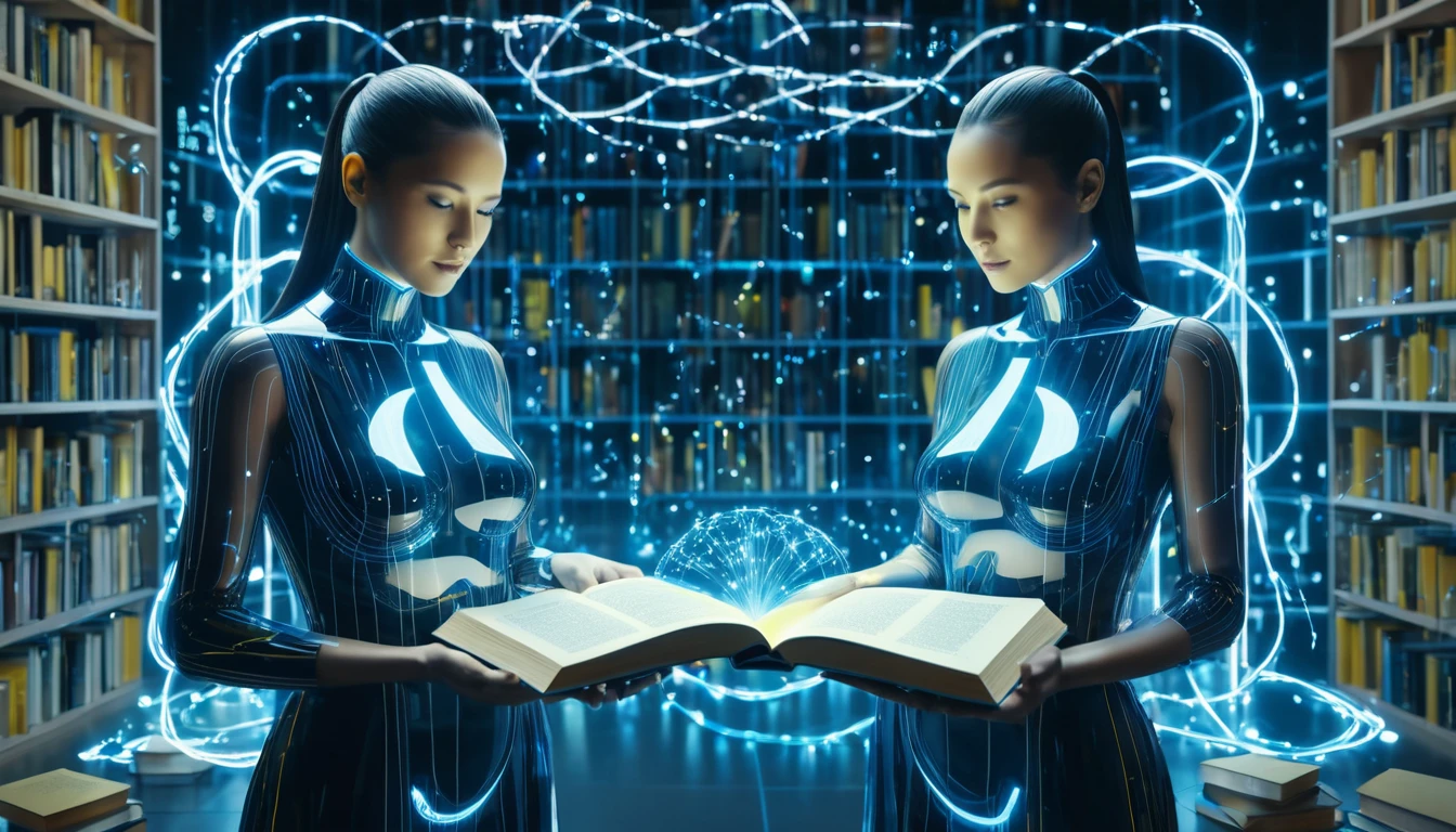 Hogyan érheti el a sikert az Ikrek? A rugalmasság és a kapcsolatépítés művészete. Két női figura áll egy könyvtárban, könyveket tartva, futurisztikus megjelenésben.