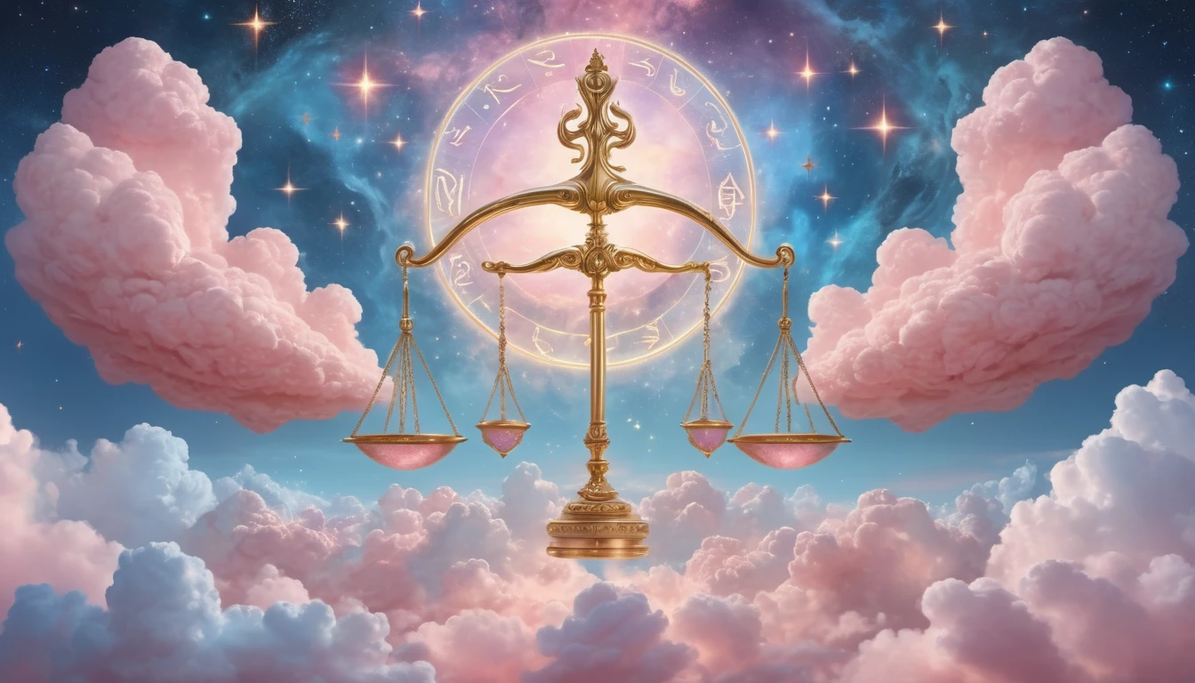 Arany mérleg a felhők között, a harmónia és egyensúly szimbóluma.