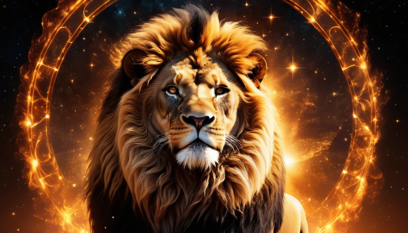 Királyi lakoma: Milyen ételek támogatják az Oroszlán ragyogását és vitalitását? Egy impozáns oroszlán néz a kamerába, aranyszínű háttérrel.