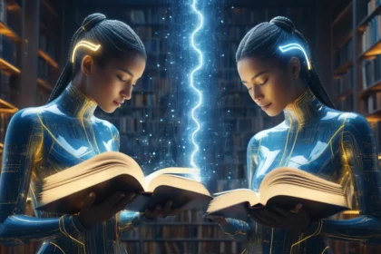 Két női figura könyveket olvas egy könyvtárban, futurisztikus öltözetben.