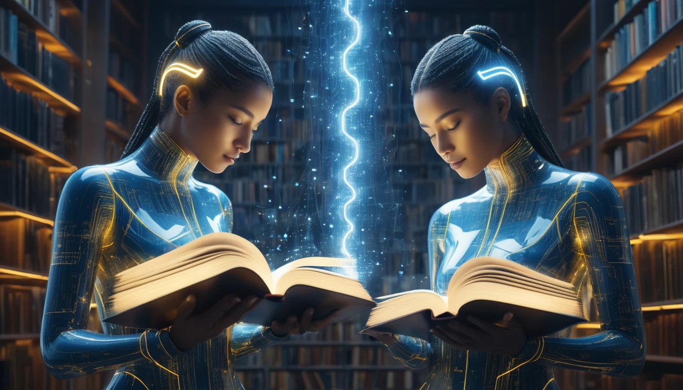 Két női figura könyveket olvas egy könyvtárban, futurisztikus öltözetben.