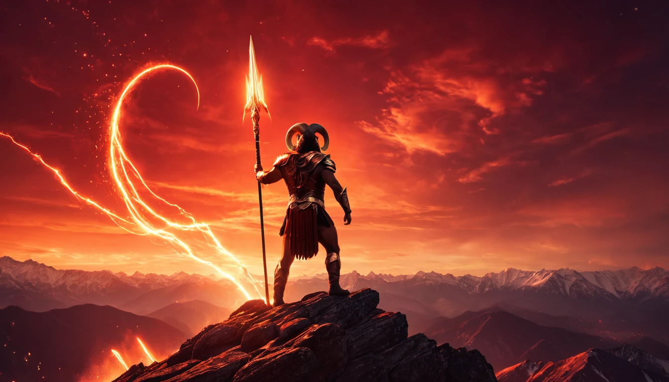 Egy harcos áll a hegytetőn, lángoló lándzsával a kezében, a naplementében.