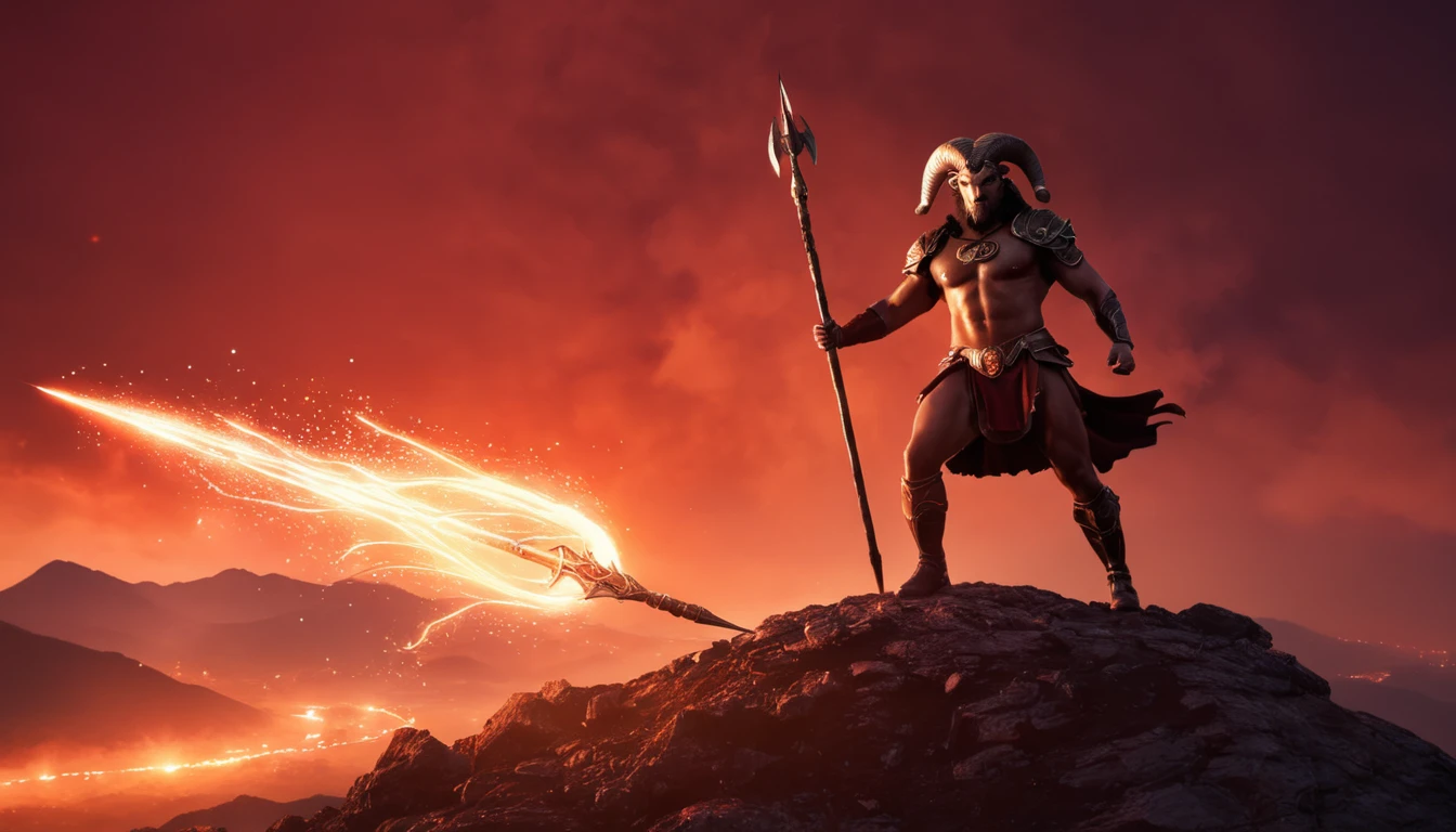 A Kos és a pénz: Hogyan bánik a vagyonnal a zodiákus úttörője? Egy bátor harcos áll a hegytetőn, lángoló lándzsával a kezében, háttérben vörös égbolttal.