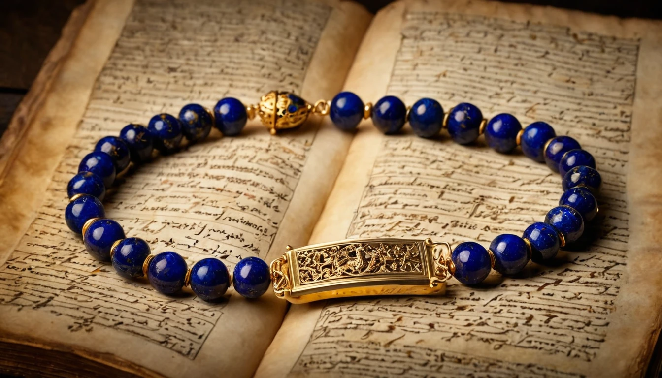 Lapis lazuli karkötő hatása – bölcsesség és belső igazság Egy gyönyörű lapis lazuli karkötő arany díszítéssel, régi könyv lapjain.