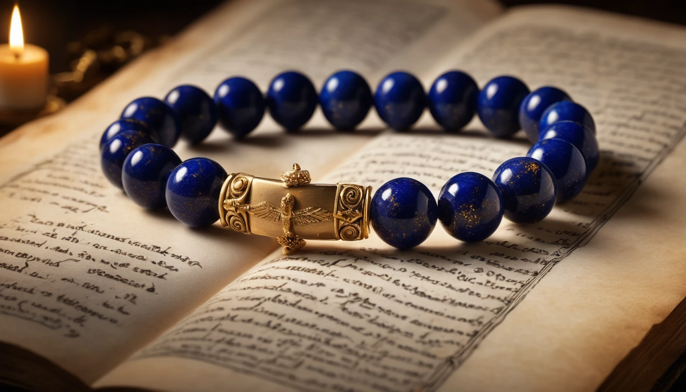 Lapis lazuli karkötő hatása – bölcsesség és belső igazság Egy lapis lazuli karkötő arany díszítéssel, régi könyv lapjain.