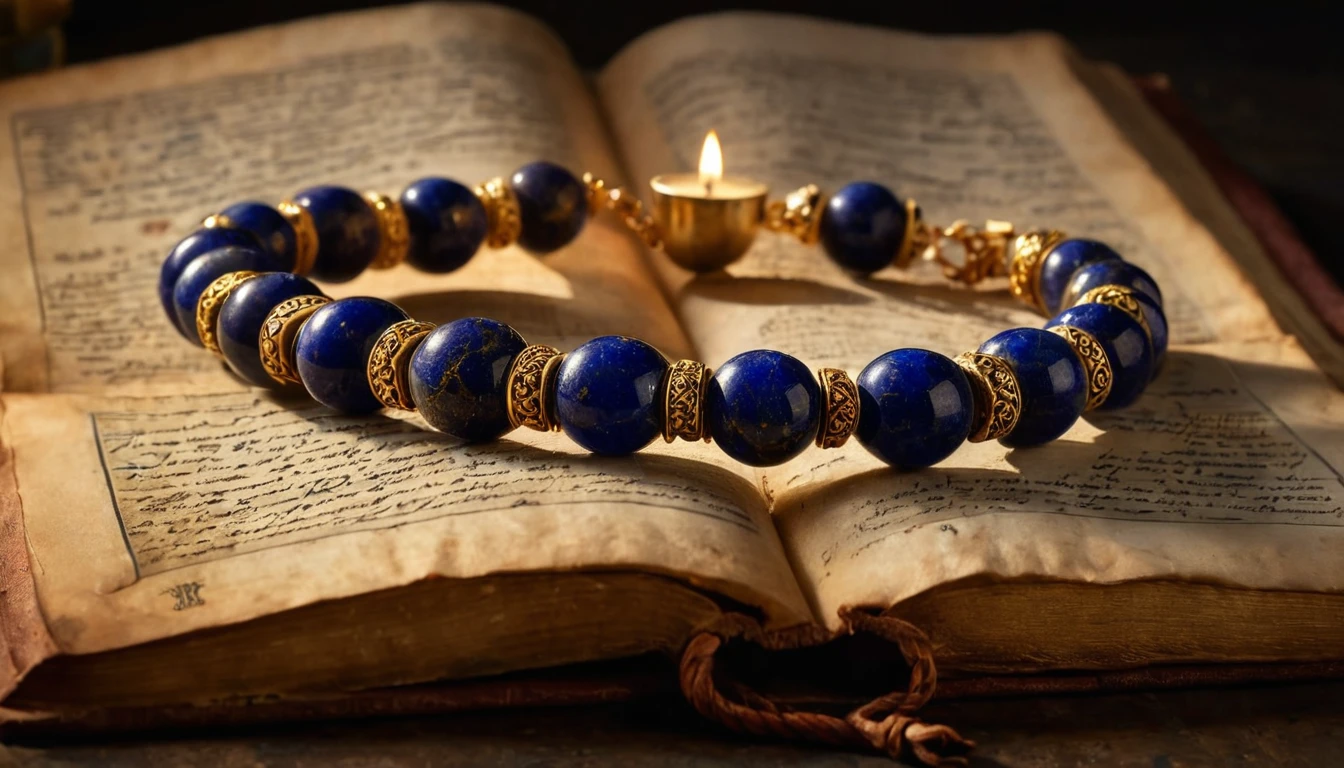 Lapis lazuli karkötő hatása – bölcsesség és belső igazság Egy gyönyörű lapis lazuli karkötő fekszik egy régi könyv lapjain.