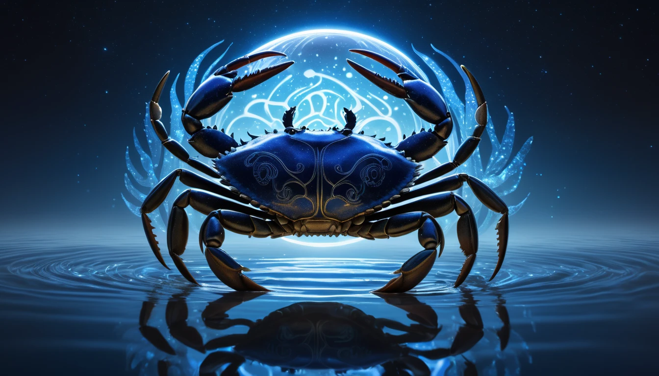 Lélekmelengető falatok: Milyen ételek nyugtatják a Rák gyomrát és lelkét? Egy kék rák áll a vízben, háttérben a telihold és csillagokkal.