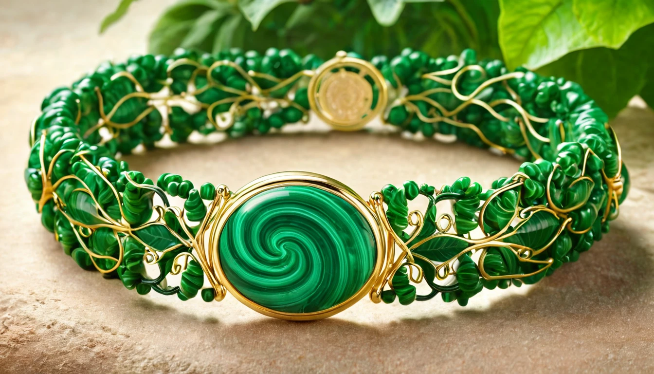 Malachit karkötő hatása – védelem és megújulás Elegáns malachit karkötő arany színű díszítéssel, zöld kövekkel.