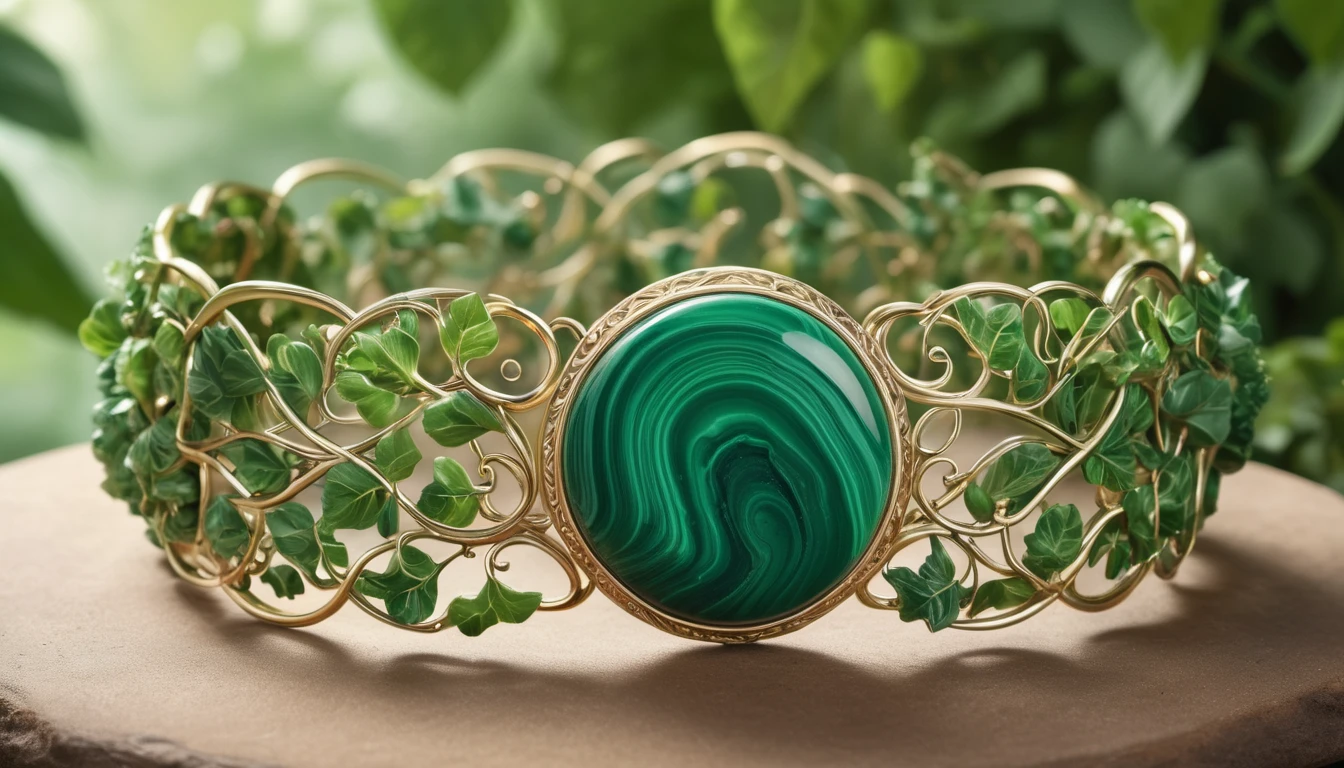 Malachit karkötő hatása – védelem és megújulás Elegáns malachit karkötő, zöld levelekkel díszítve, természetes hatású.