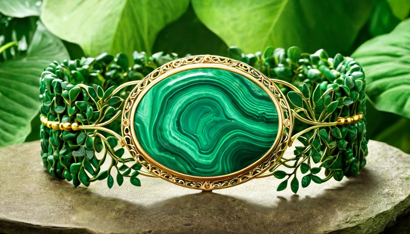 Malachit karkötő hatása – védelem és megújulás Zöld malachit karkötő arany kerettel, levélmintás díszítéssel.