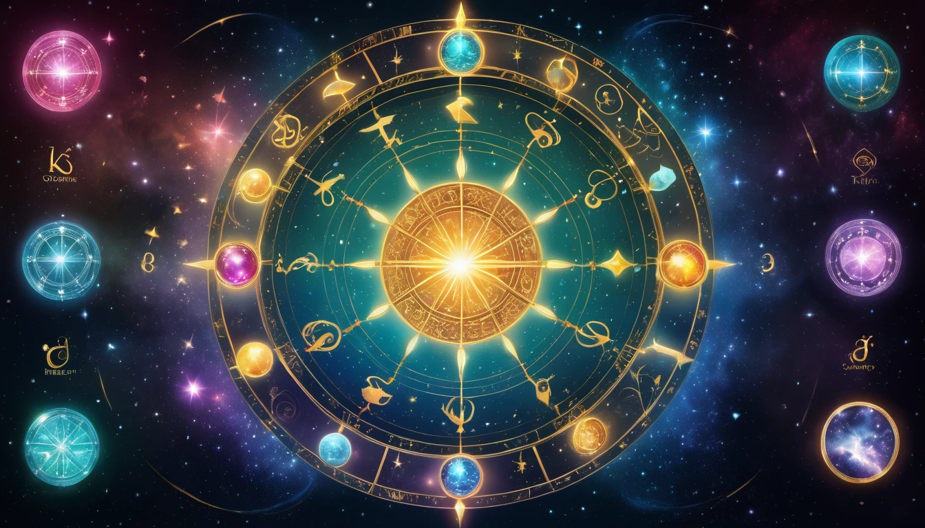 Melyik csillagjegyhez melyik ásvány a leghatásosabb? Asztrológiai kör, középen ragyogó napfény, körülötte csillagjegyek és színes kristályok.