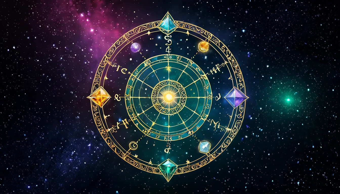 Melyik csillagjegyhez melyik ásvány a leghatásosabb? Asztrológiai kör, középen a napfény, körülötte ásványok és csillagjegyek szimbólumai.