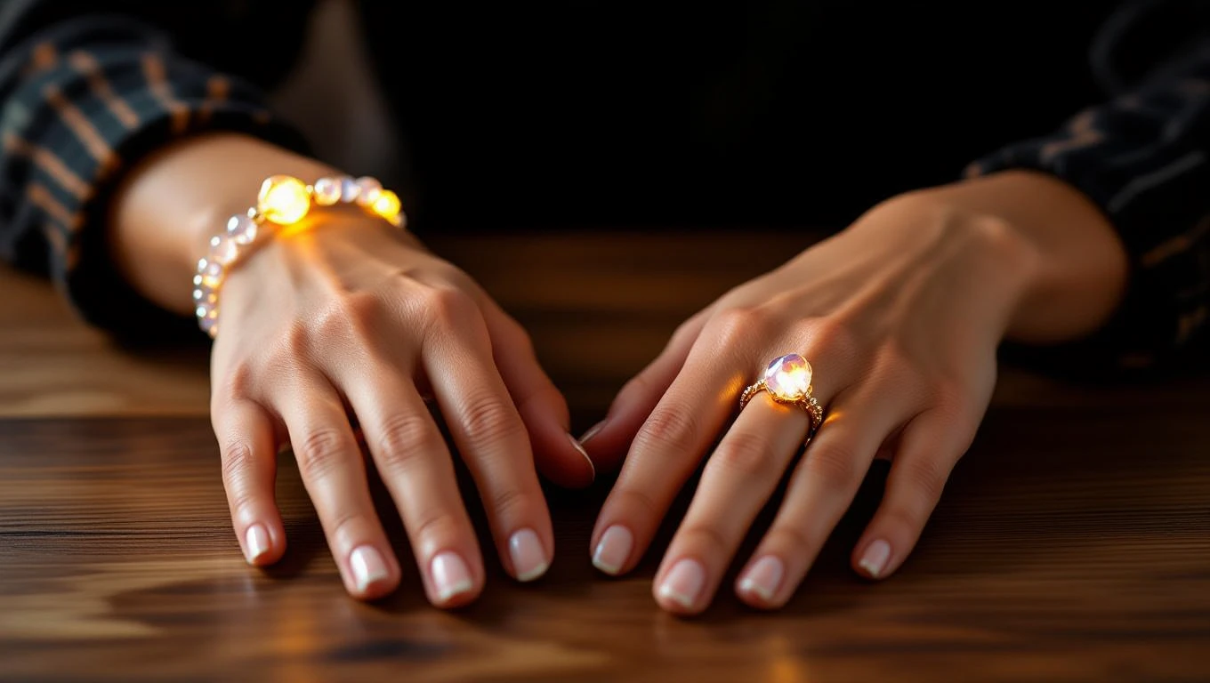 Melyik kezeden viseld az ásványkarkötőt? Két kéz, az egyik ásványkarkötővel, a másik gyűrűvel díszítve, fa asztalon.