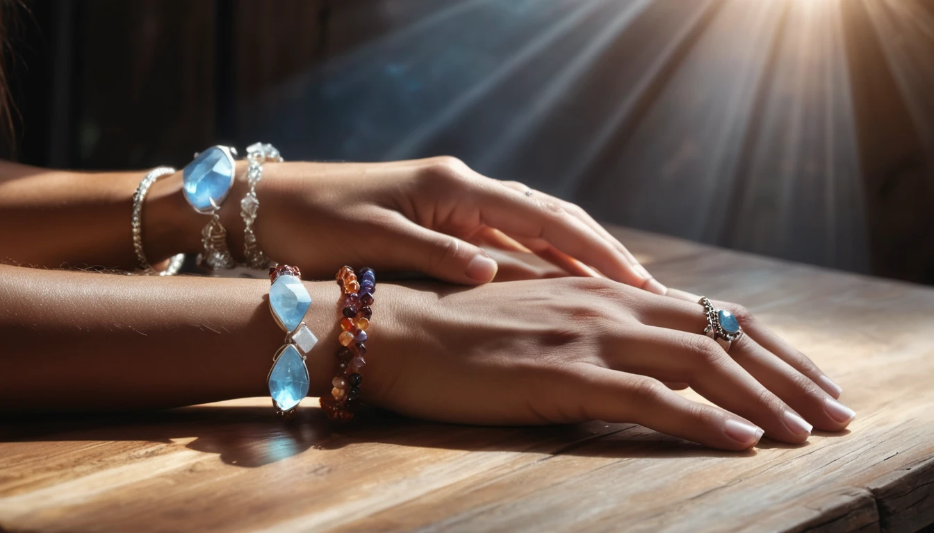 Melyik kezeden viseld az ásványkarkötőt? Két kéz ásványkarkötőkkel díszítve, napfényben csillognak.