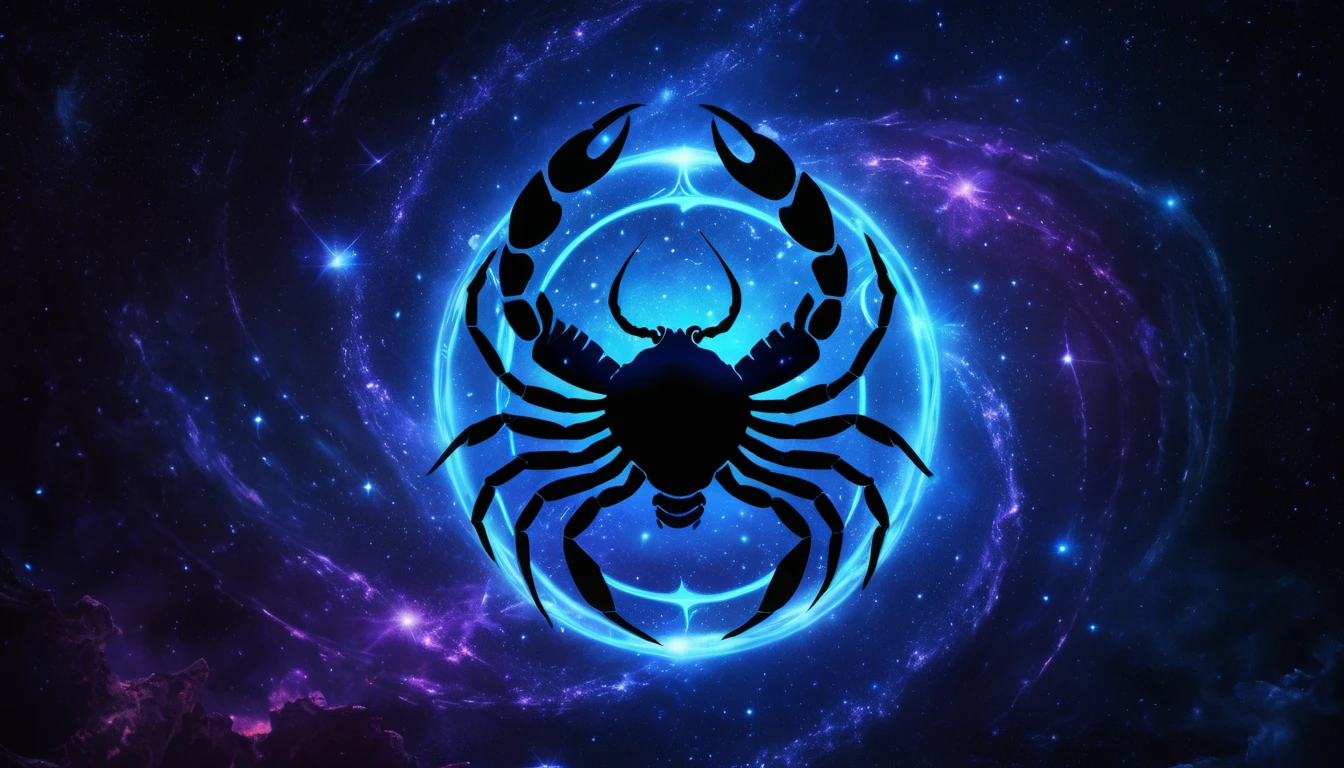 Egy Skorpiót ábrázoló grafika, csillagokkal teli háttérrel.