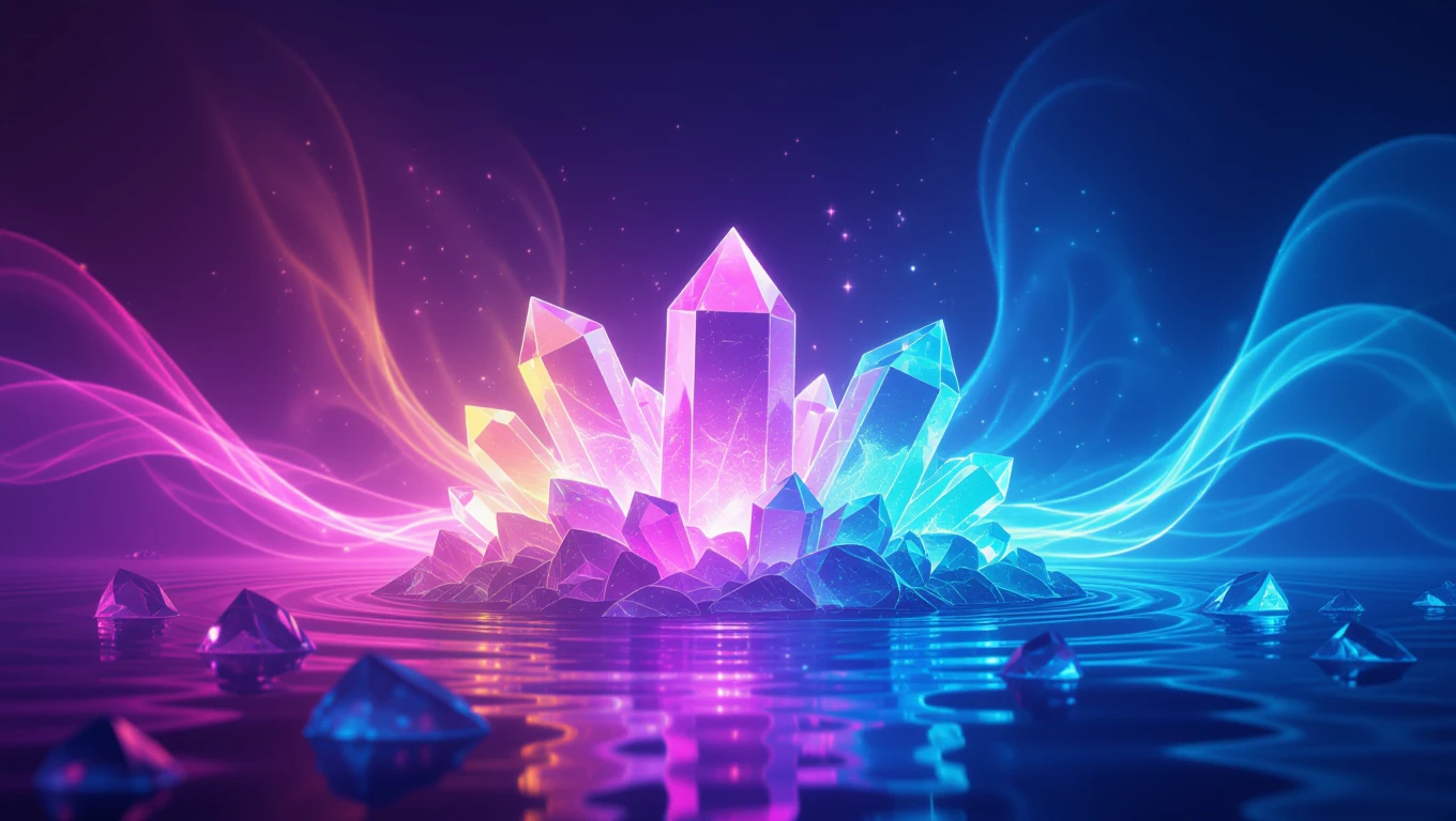 Miért lényeges az ásványok színe? – A színek ereje a kristályok világában Színes kristályok csoportja ragyog a víz felszínén, varázslatos fényekkel.