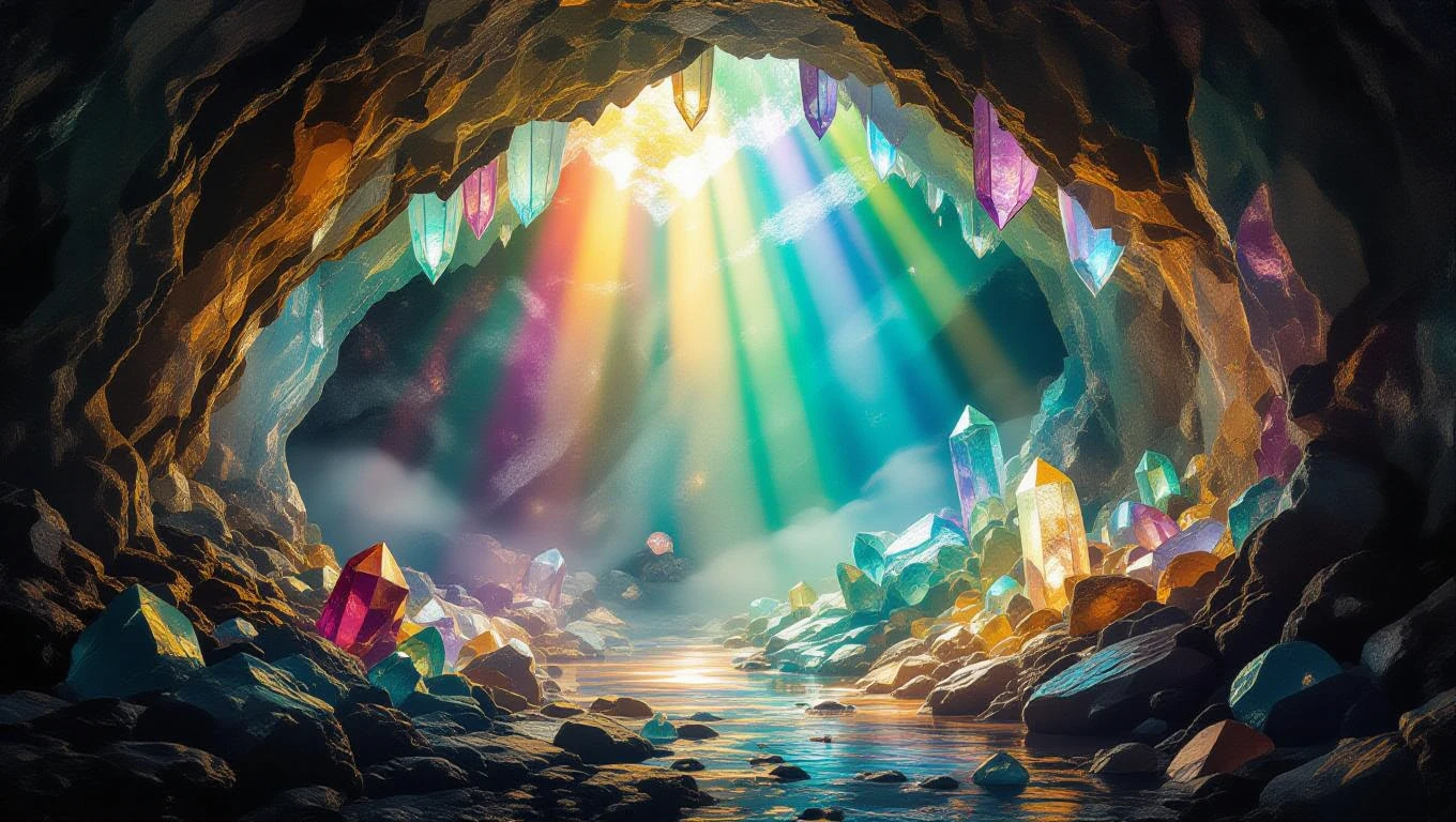 Miért lényeges az ásványok színe? – A színek ereje a kristályok világában Színes kristályok ragyognak egy barlangban, fénycsóvák világítják meg őket.