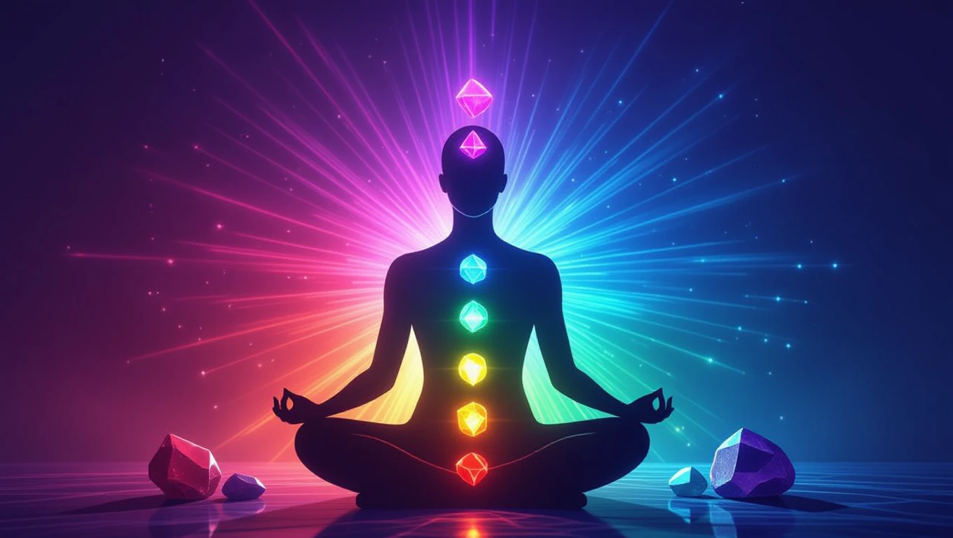 Miért lényeges az ásványok színe? – A színek ereje a kristályok világában Egy meditáló figura, színes kristályokkal és fényekkel körülvéve, a csakrák színeivel.