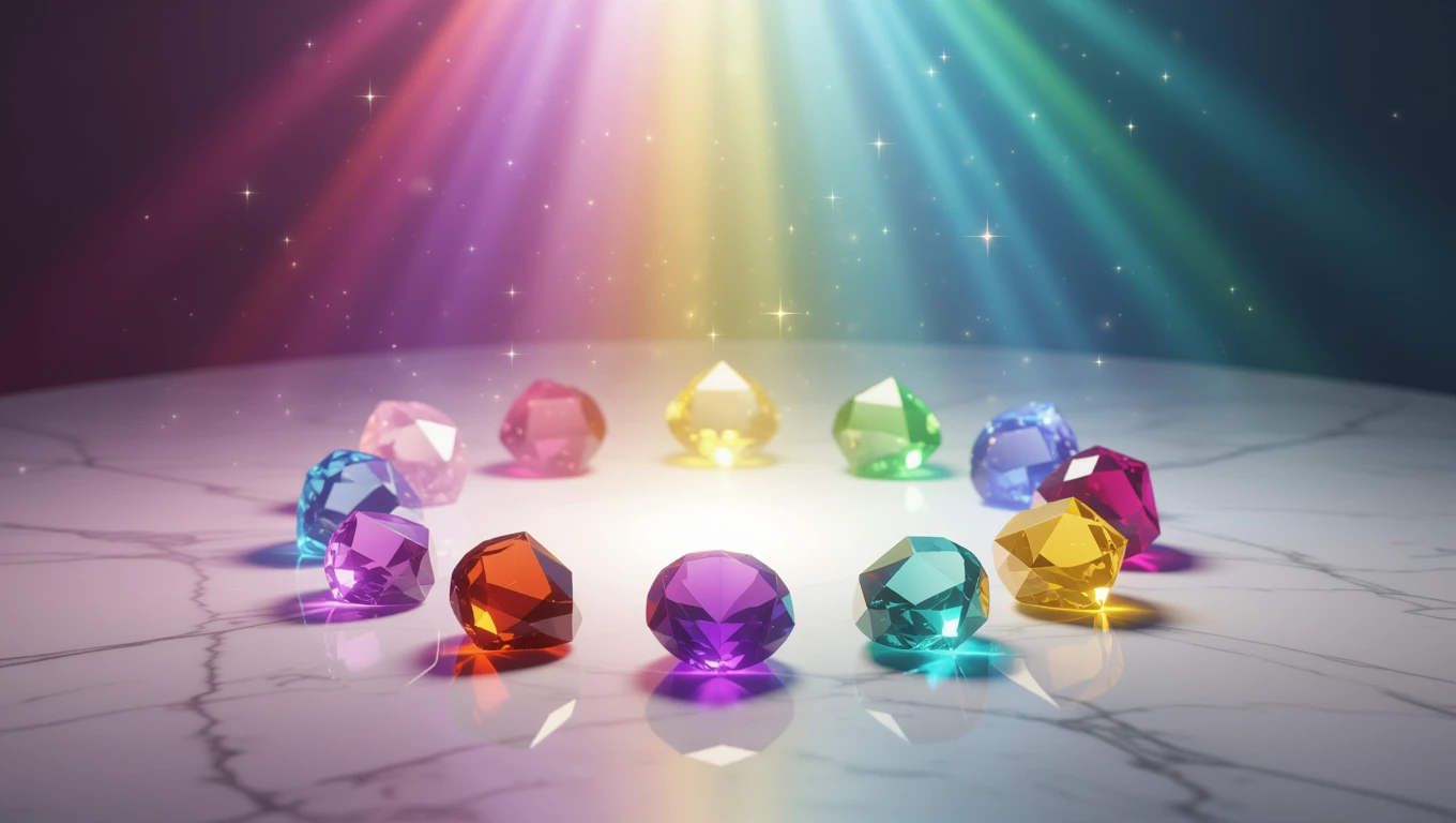 Miért lényeges az ásványok színe? – A színek ereje a kristályok világában Színes kristályok körben elhelyezve, fényekkel megvilágítva.