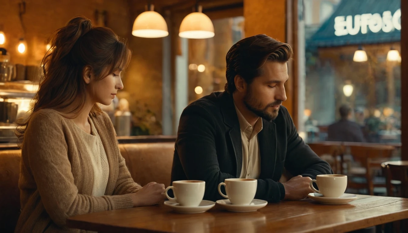 Egy férfi és egy nő ül egy kávézóban, mindketten gondolkodó arckifejezéssel.