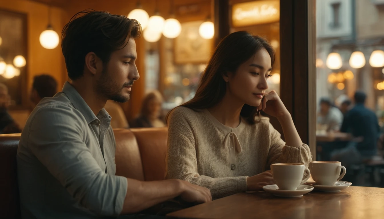 Egy férfi és egy nő ülnek egy kávézóban, a nő gondolkodó arckifejezéssel néz előre.