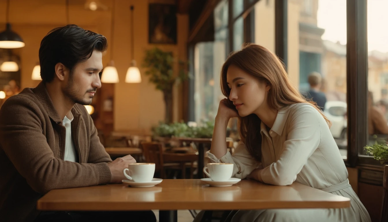 Két fiatal, kávézóban ülő ember, akik egymásra figyelnek, de távolságot tartanak.