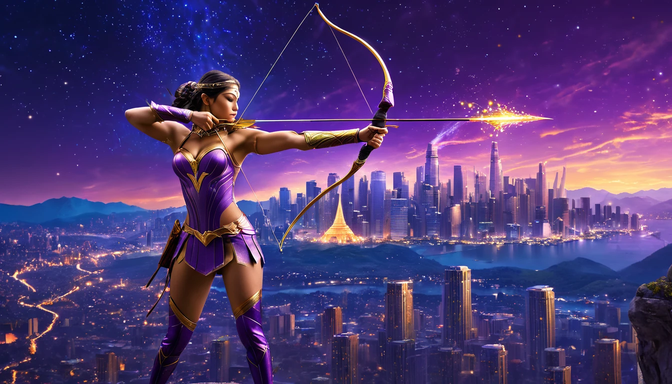 Egy női íjász, futurisztikus város háttérrel, célba lövés közben.