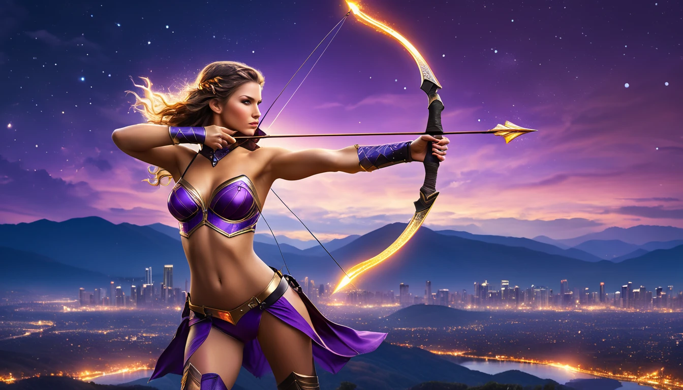 Egy nő íjászként céloz a hegyek felett, a város fényei háttérben.