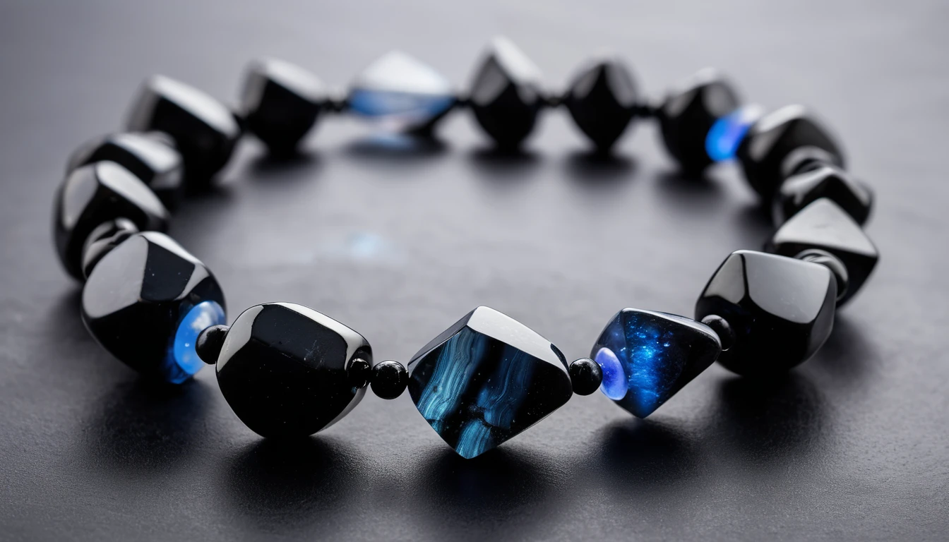 Obszidián karkötő hatása – lelki tisztulás és védelem Fekete obszidiánból készült karkötő, fényes és csiszolt kövekkel.