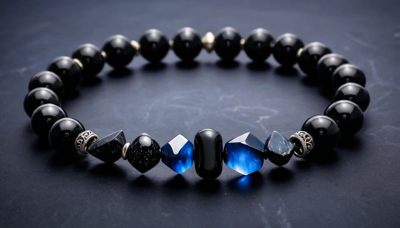 Obszidián karkötő hatása – lelki tisztulás és védelem Egy elegáns obszidián karkötő, különböző formájú és méretű fekete kövekkel.