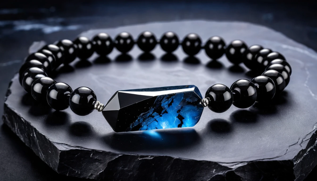 Obszidián karkötő hatása – lelki tisztulás és védelem Fekete obszidián karkötő, középen csillogó kővel, sötét háttér előtt.