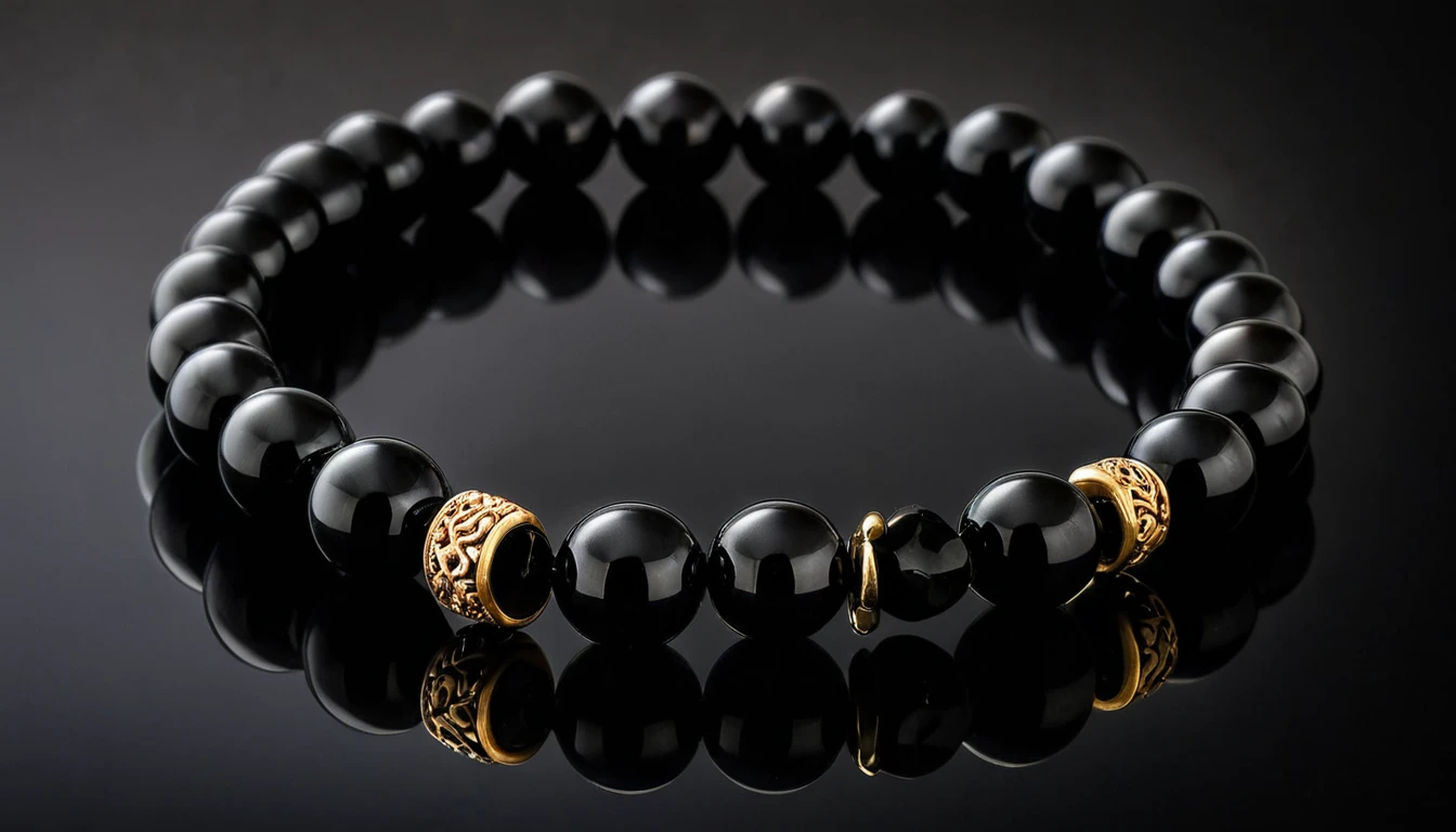 Ónix karkötő hatása – erő, kitartás és önbizalom Egy elegáns ónix karkötő, fényes fekete golyókkal és arany díszítéssel.