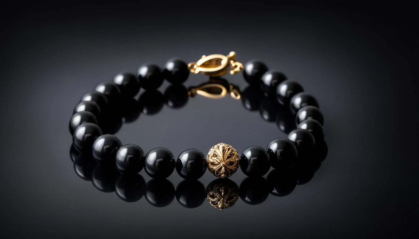 Ónix karkötő hatása – erő, kitartás és önbizalom Fekete ónix gyöngyökből készült karkötő, arany kapoccsal díszítve.