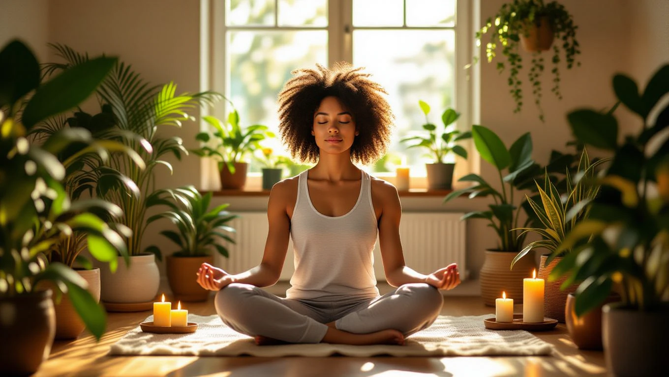Az önszeretet gyakorlása - tippek, útmutató Egy nő meditál a növények között, gyertyák világítanak körülötte.