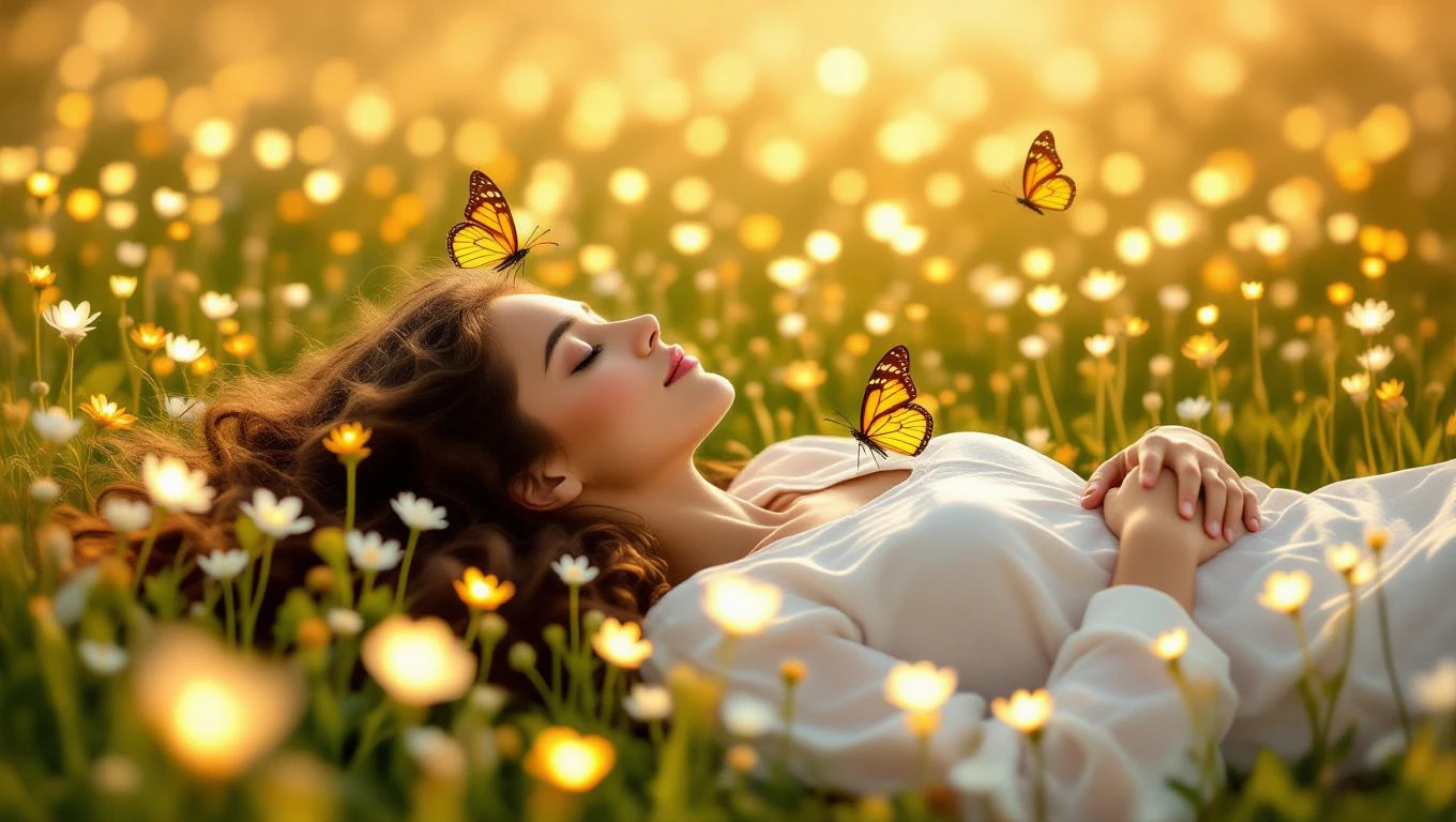 Az önszeretet gyakorlása - tippek, útmutató Egy fiatal nő fekszik a virágos réten, pillangók repkednek körülötte.